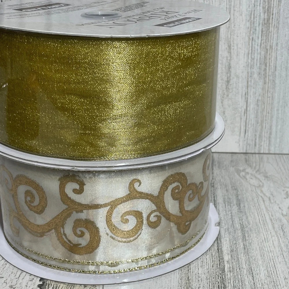 CHRISTMAS RIBBON WIRED GOLD AND GOLD & WHITE SPARKLY KIRKLAND NEW